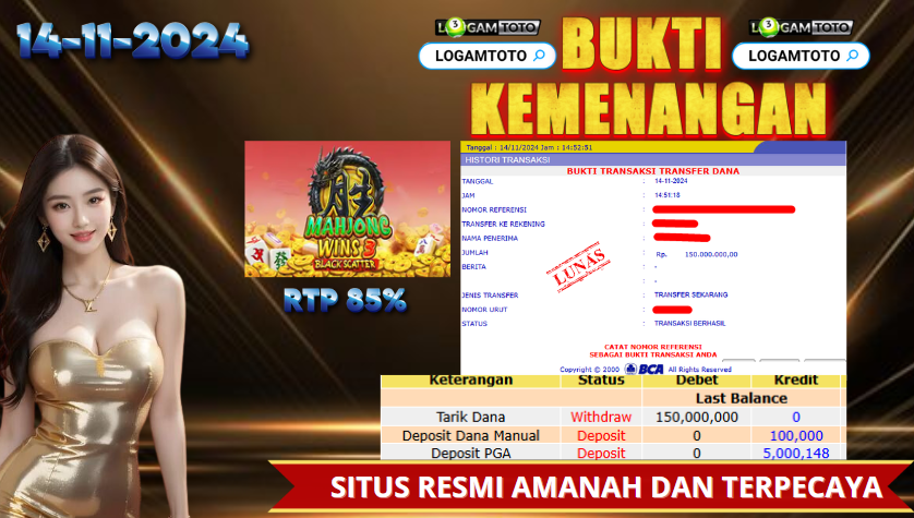 SELAMAT KEPADA MEMBER SETIA LOGAMTOTO BERHASIL JACKPOT DI PERMAINAN SLOT MAHJONG WAYS 3